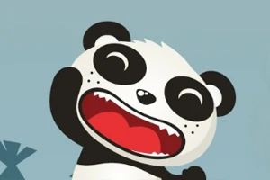 Ilustrație cu un panda adorabil și zâmbitor, cu gura deschisă, pe fundal albastru deschis