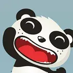 Ilustrație cu un panda adorabil și zâmbitor, cu gura deschisă, pe fundal albastru deschis