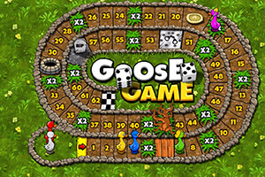 Planșă de joc de masă colorată în formă de spirală, cu căsuțe numerotate, pioni de diverse culori și un logo central cu cuvintele „Goose Game”