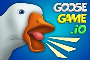 Imaginea prezintă o gâscă albă cu ciocul deschis și limba scoasă, pe un fundal albastru, alături de textul Goose Game 