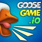Imaginea prezintă o gâscă albă cu ciocul deschis și limba scoasă, pe un fundal albastru, alături de textul Goose Game 