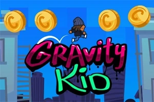 Un personaj animat sărind peste clădiri, cu monede aurii în fundal și titlul Gravity Kid în față