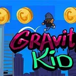 Un personaj animat sărind peste clădiri, cu monede aurii în fundal și titlul Gravity Kid în față