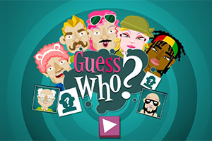 Desene animate cu fețe diverse și colorate în jurul textului „Guess Who?