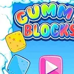Text colorat Gummy Blocks pe fundal albastru, înconjurat de blocuri colorate și nori albi