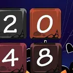 Patru blocuri colorate cu numerele 2, 0, 4 și 8, pe un fundal de Halloween cu elemente grafice de cimitir