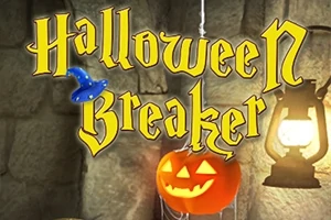 Textul Halloween Breaker scris cu un font gotic, un dovleac luminat cu față zâmbitoare și o lanternă alături de o pălărie de vrăjitor albastră suspendată
