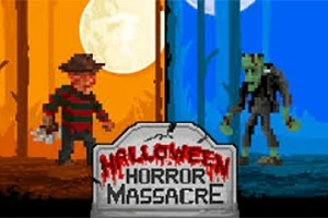 Două personaje pixelate, un bărbat cu un pulover în dungi și o mână cu gheare pe un fundal portocaliu, și o creatură verde pe un fundal albastru, separate de o piatră funerară cu textul Halloween Horror Massacre