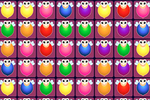 Imagini de desene animate cu personaje colorate viu, cu ochi mari și aripi, aranjate în rânduri pe un fundal violet