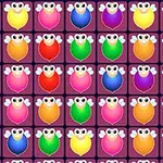 Imagini de desene animate cu personaje colorate viu, cu ochi mari și aripi, aranjate în rânduri pe un fundal violet