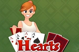 Personaj animat zâmbitor ținând cărți de joc și textul Hearts pe fundal verde