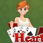 Personaj animat zâmbitor ținând cărți de joc și textul Hearts pe fundal verde
