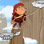 Un personaj animat în armură sare între platforme înălțate pe un fundal cu munți și nori