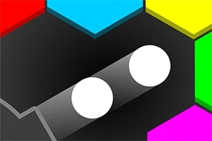Două cercuri albe pe un fundal negru cu forme hexagonale colorate