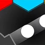 Două cercuri albe pe un fundal negru cu forme hexagonale colorate