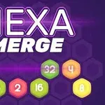 Text colorat HEXA MERGE pe un fundal violet, cu numere în hexagoane colorate în partea de jos