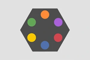 Hexagon negru cu șase cercuri colorate în interior pe un fundal gri