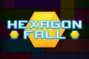 Textul HEXAGON FALL scris pe un fundal de puzzle colorat cu un hexagon galben în centru