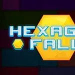 Textul HEXAGON FALL scris pe un fundal de puzzle colorat cu un hexagon galben în centru