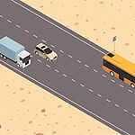 Camion, mașină și autobuz pe un drum drept printr-un peisaj deșertic