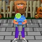 Băiat îmbrăcat în costum de Halloween cu mască de hârtie pe cap, ținând o găleată, în fața unui gard decorat cu dovleci sculptați