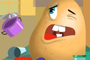 Cartof animat cu expresie surprinsă lângă o cratiță mov și diverse obiecte de bucătărie
