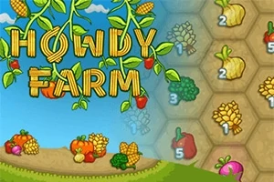 Titlul Howdy Farm scris cu litere din porumb și legume, însoțit de imagini cu legume și fructe pe un fundal albastru și hexagoane cu elemente de fermă