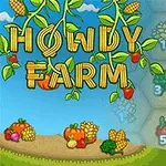 Titlul Howdy Farm scris cu litere din porumb și legume, însoțit de imagini cu legume și fructe pe un fundal albastru și hexagoane cu elemente de fermă