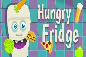 Un frigider animat zâmbitor cu legume și alimente cum ar fi un morcov, burger, felie de pizza și pahar de bere, pe un fundal de faianță mov și albastru, alături de textul „Hungry Fridge”