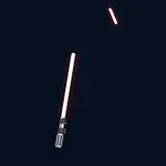 Două săbii laser roșii pe fundal negru, una fiind doar parțial vizibilă
