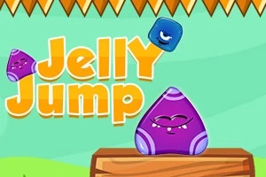 Textul Jelly Jump în galben, cu un personaj gelatinos mov pe un buștean și un bloc gelatinos albastru în aer deasupra