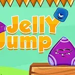 Textul Jelly Jump în galben, cu un personaj gelatinos mov pe un buștean și un bloc gelatinos albastru în aer deasupra