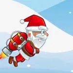 Moș Crăciun zboară cu un jetpack pe fundal de cer albastru și nori albi