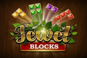 Textul Jewel Blocks stilizat, înconjurat de pietre colorate și frunze, pe un fundal maro