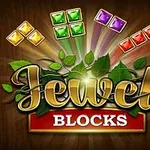Textul Jewel Blocks stilizat, înconjurat de pietre colorate și frunze, pe un fundal maro