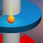 O bilă portocalie plasată pe o platformă albastră spiralată în jurul unui cilindru vertical