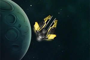 O navă spațială cu accente galbene zburând lângă o planetă verde într-un spațiu întunecat
