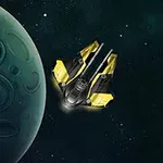 O navă spațială cu accente galbene zburând lângă o planetă verde într-un spațiu întunecat