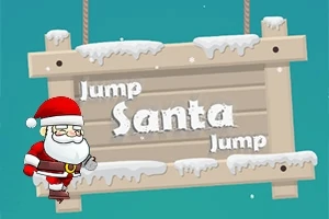 Moș Crăciun animat și un panou din lemn acoperit de zăpadă cu textul „Jump Santa Jump”