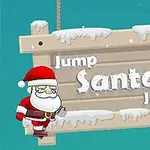 Moș Crăciun animat și un panou din lemn acoperit de zăpadă cu textul „Jump Santa Jump”