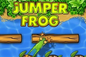 Broască verde sărind pe trunchiuri de copaci și broaște țestoase pe un râu, cu titlul Jumper Frog deasupra