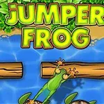Broască verde sărind pe trunchiuri de copaci și broaște țestoase pe un râu, cu titlul Jumper Frog deasupra