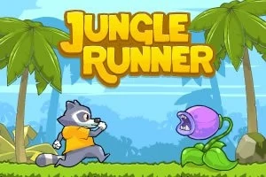 Un raton cu tricou galben aleargă spre o plantă carnivoră într-un peisaj de junglă, flancat de palmieri, cu textul Jungle Runner deasupra