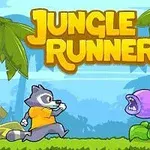 Un raton cu tricou galben aleargă spre o plantă carnivoră într-un peisaj de junglă, flancat de palmieri, cu textul Jungle Runner deasupra