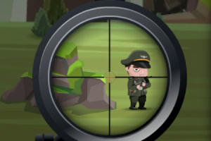 Un personaj animat înfățișat printr-o lunetă, purtând o uniformă verde închis și o șapcă, pe un fundal de pietre și verdeață
