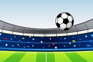 Minge de fotbal în aer pe un stadion cu tribune decorate și cer senin