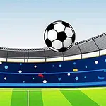 Minge de fotbal în aer pe un stadion cu tribune decorate și cer senin