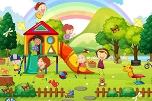 Copii jucându-se într-un parc colorat, cu leagăne, tobogan, copaci și un curcubeu pe fundal