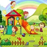 Copii jucându-se într-un parc colorat, cu leagăne, tobogan, copaci și un curcubeu pe fundal