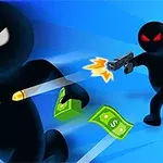 Două personaje stilizate, negre, într-o scenă de urmărire; unul fuge cu bani în mână, în timp ce celălalt trage cu o armă, pe un fundal albastru